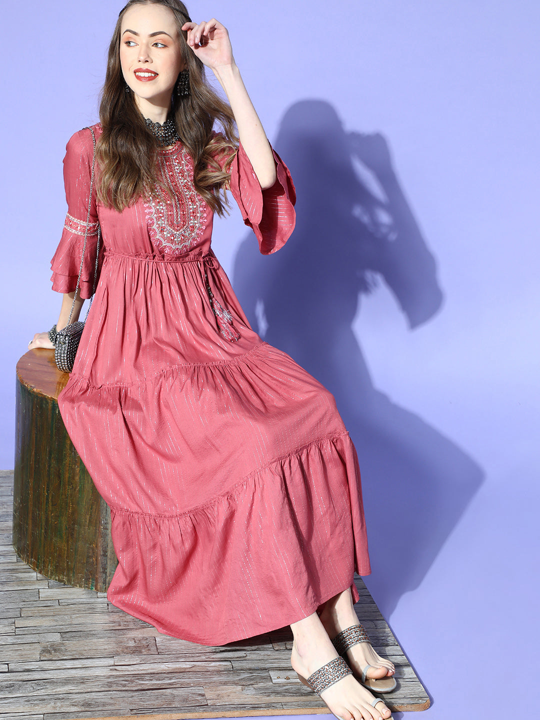 Juniper Women Rosepink Rayon Lurex Embroidered Tiered Dress