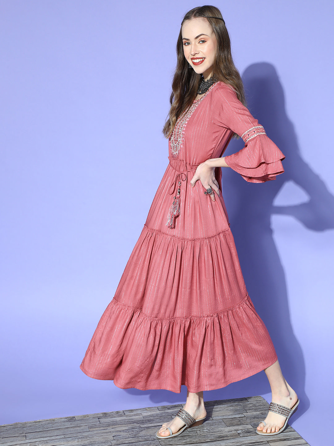 Juniper Women Rosepink Rayon Lurex Embroidered Tiered Dress