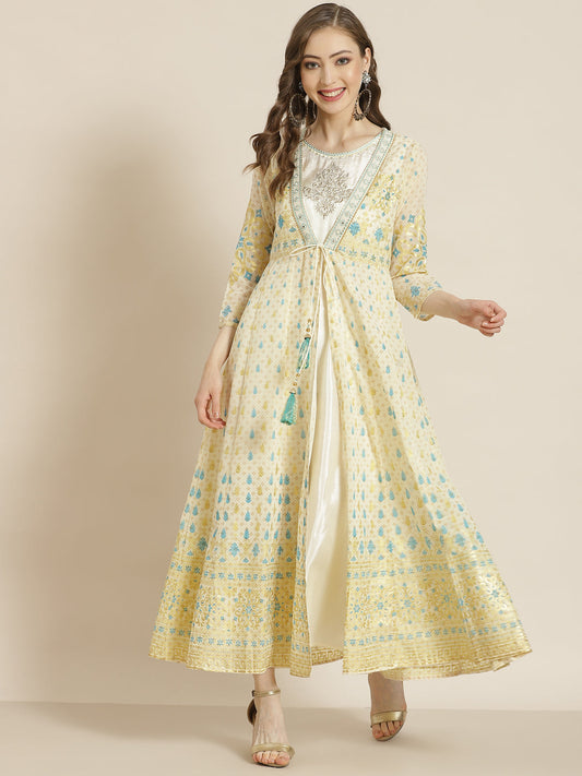 Juniper Women Ivory Georgette Printed Jacket Style Dress - Grab2buy