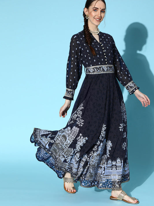 Juniper Women Indigo Georgette Printed Flared Dress - Grab2buy