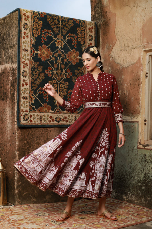 Juniper Women Wine Georgette Printed Flared Dress - Grab2buy