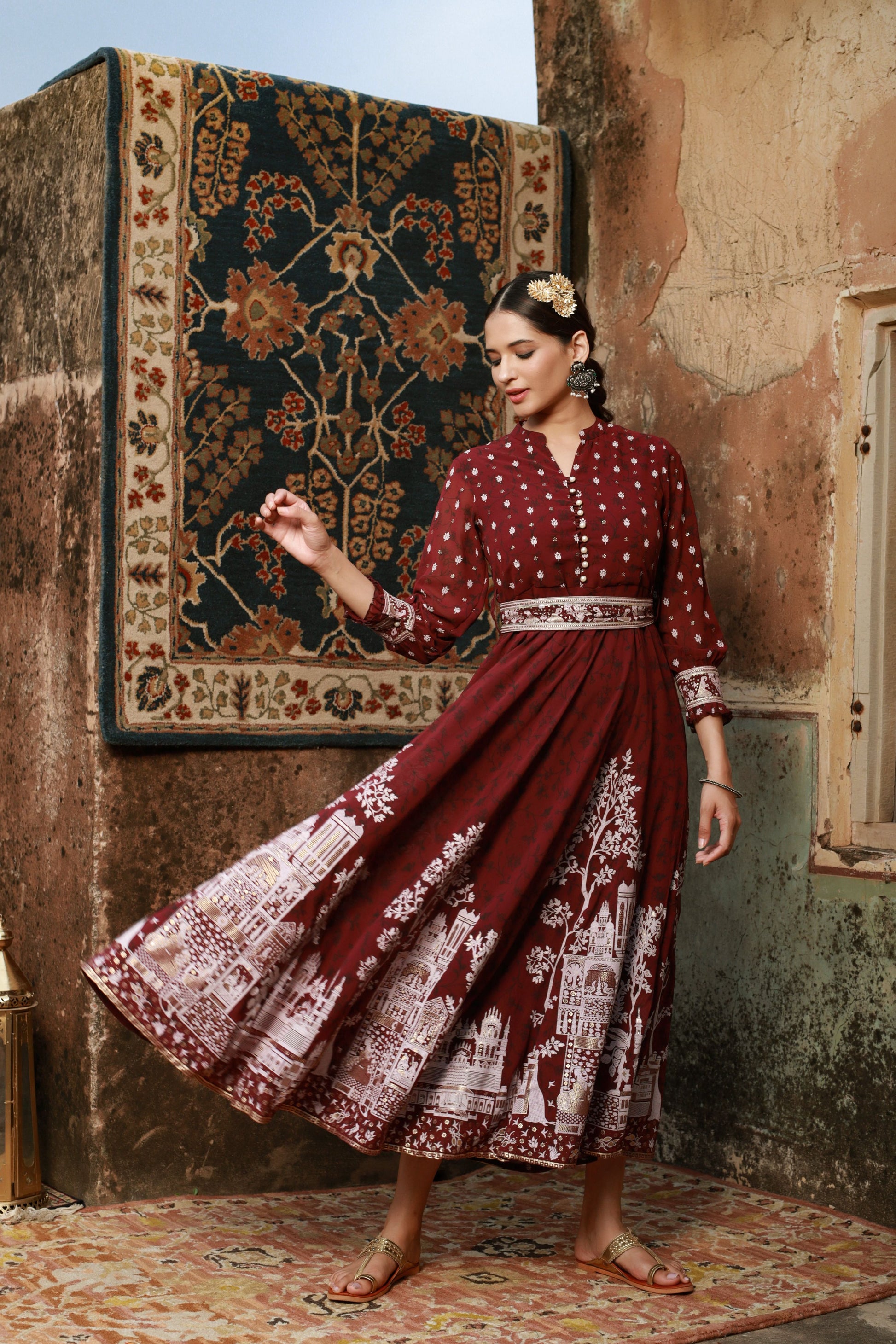 Juniper Women Wine Georgette Printed Flared Dress