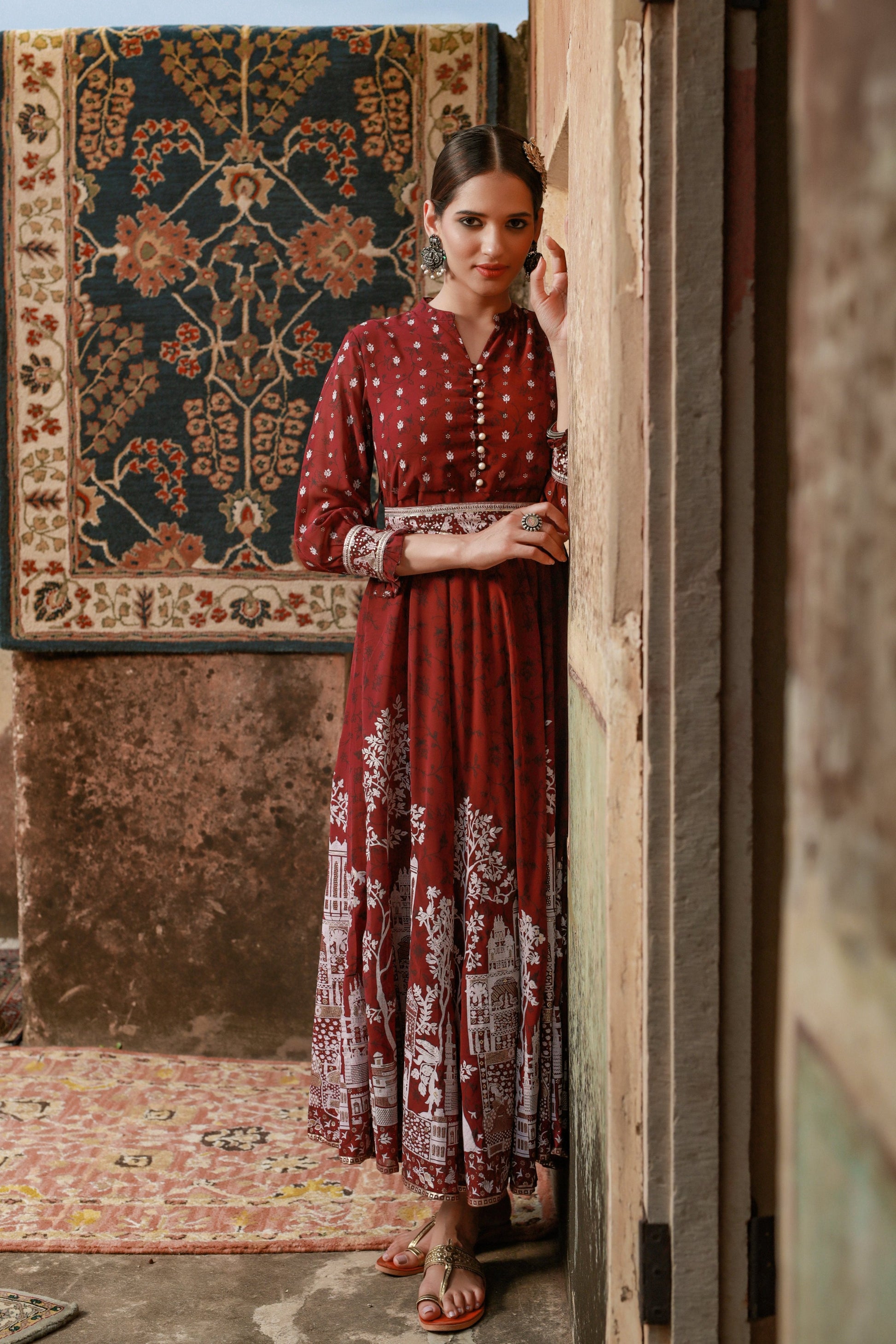 Juniper Women Wine Georgette Printed Flared Dress