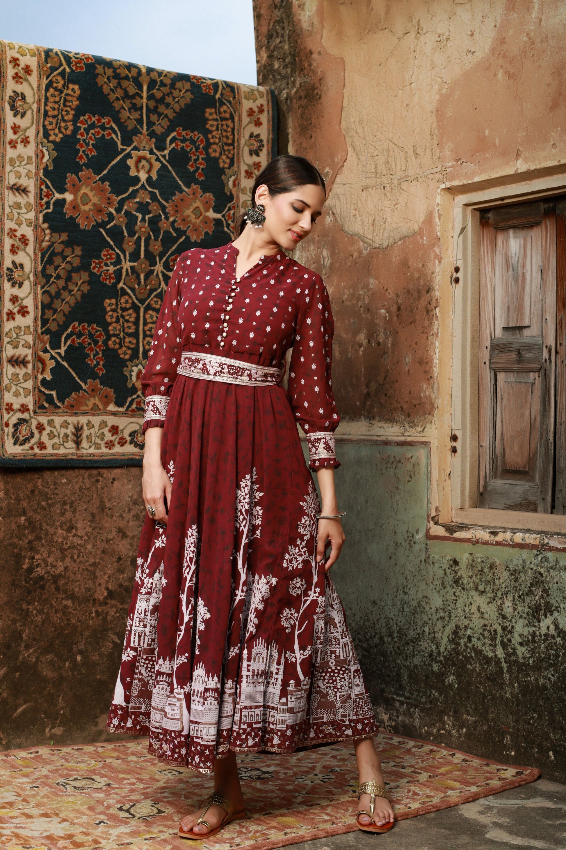 Juniper Women Wine Georgette Printed Flared Dress