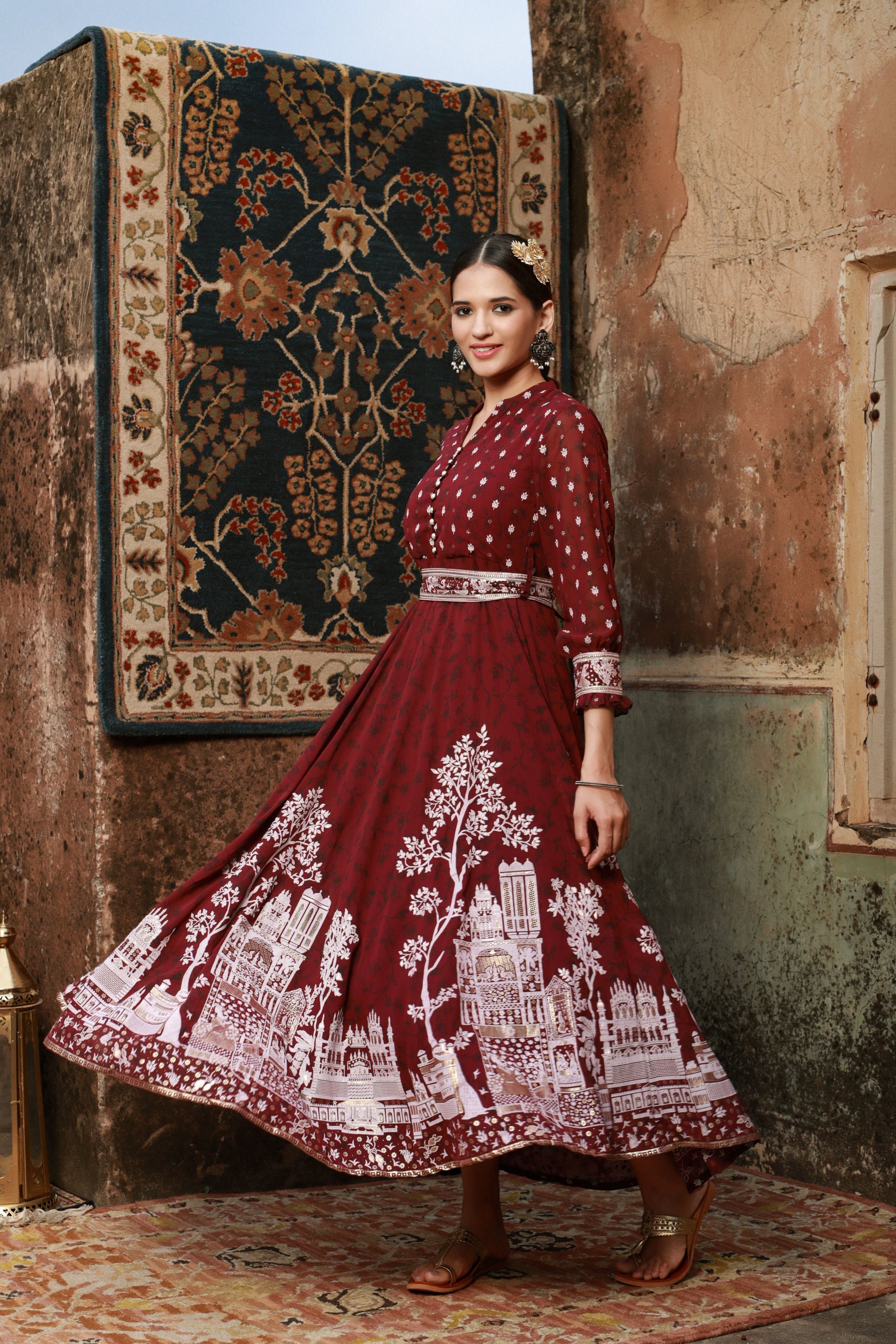 Juniper Women Wine Georgette Printed Flared Dress - Grab2buy