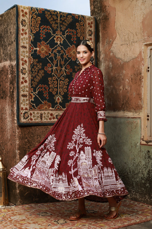 Juniper Women Wine Georgette Printed Flared Dress - Grab2buy