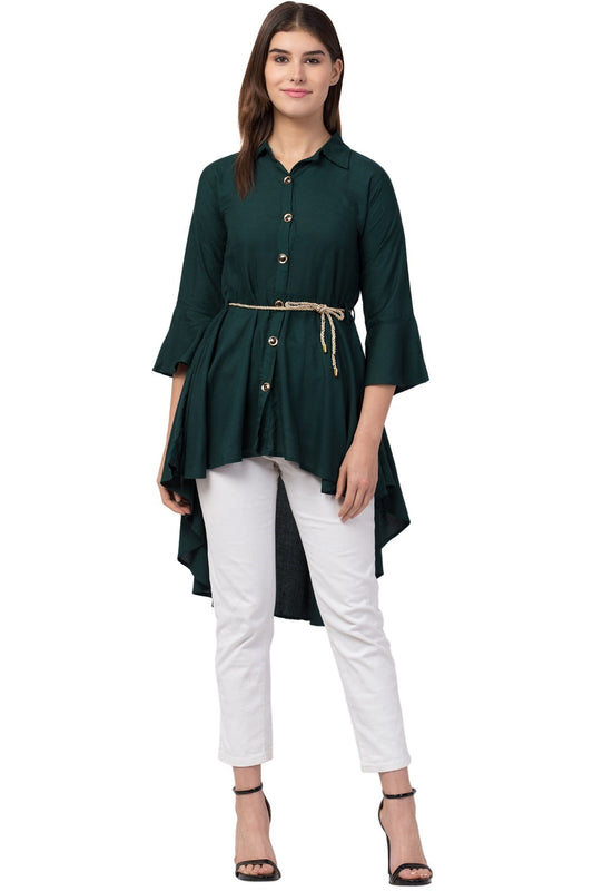 PAVONINE Bottle Green Color High-Low Midi For Girls
