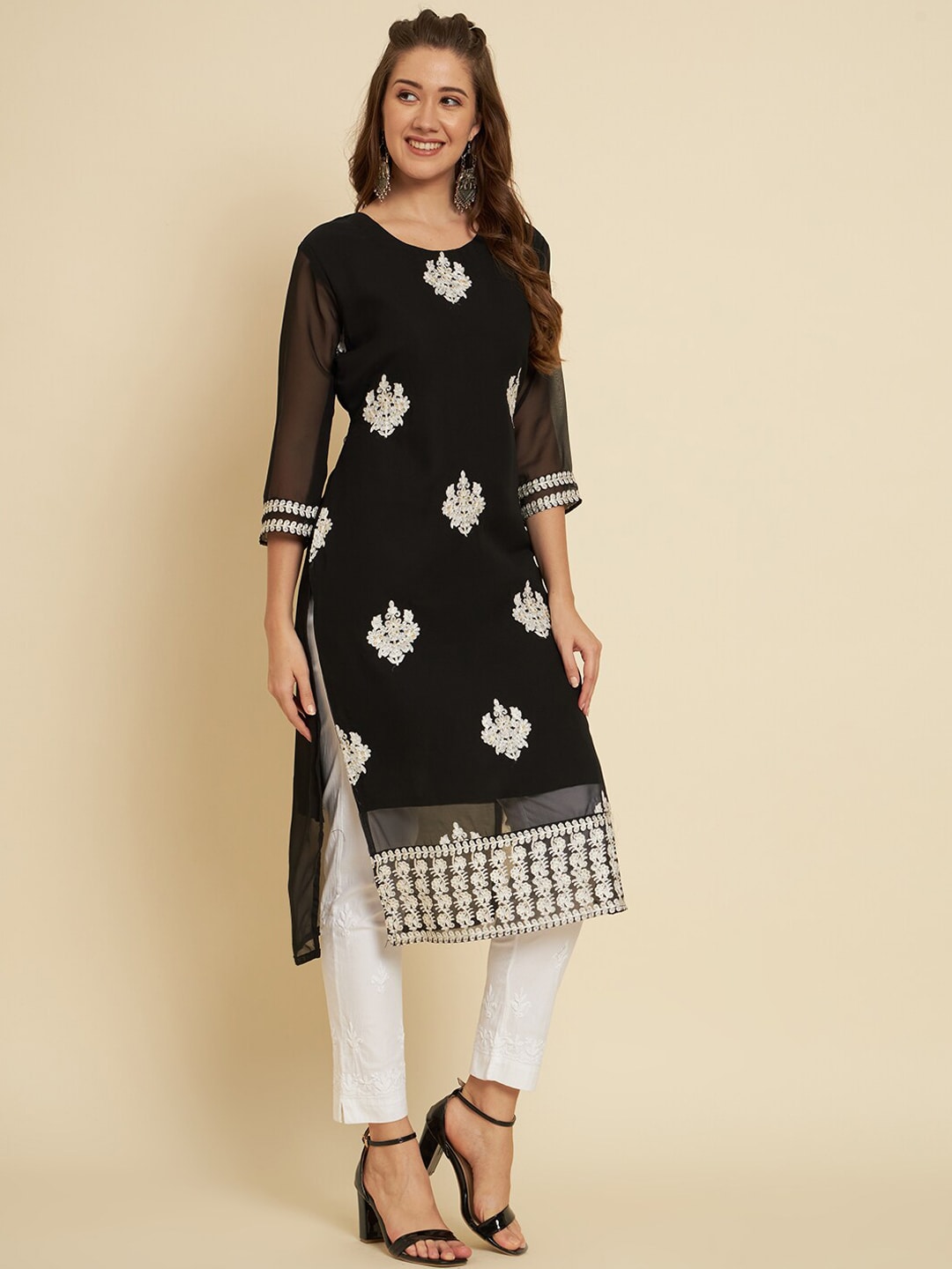 HERE&NOW Black & White Ethnic Motifs Chikankari Embroidered Georgette Kurta 