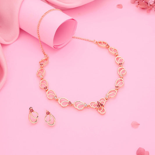 Tehzeeb Creationss Gold-Polished Choker Pink Stone Necklace With Stud Earrings