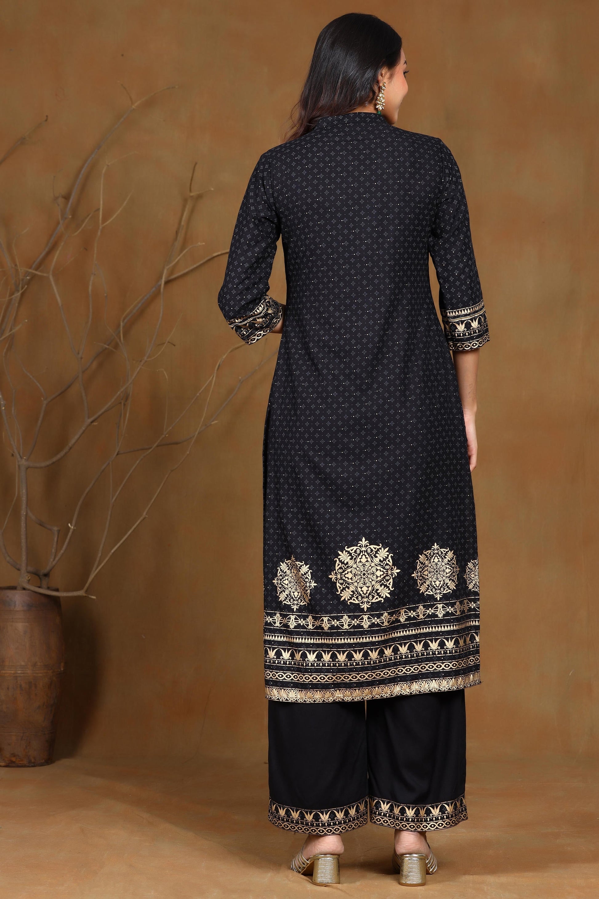 Juniper Women's Black Rayon Gold Foil Print Straight Kurta