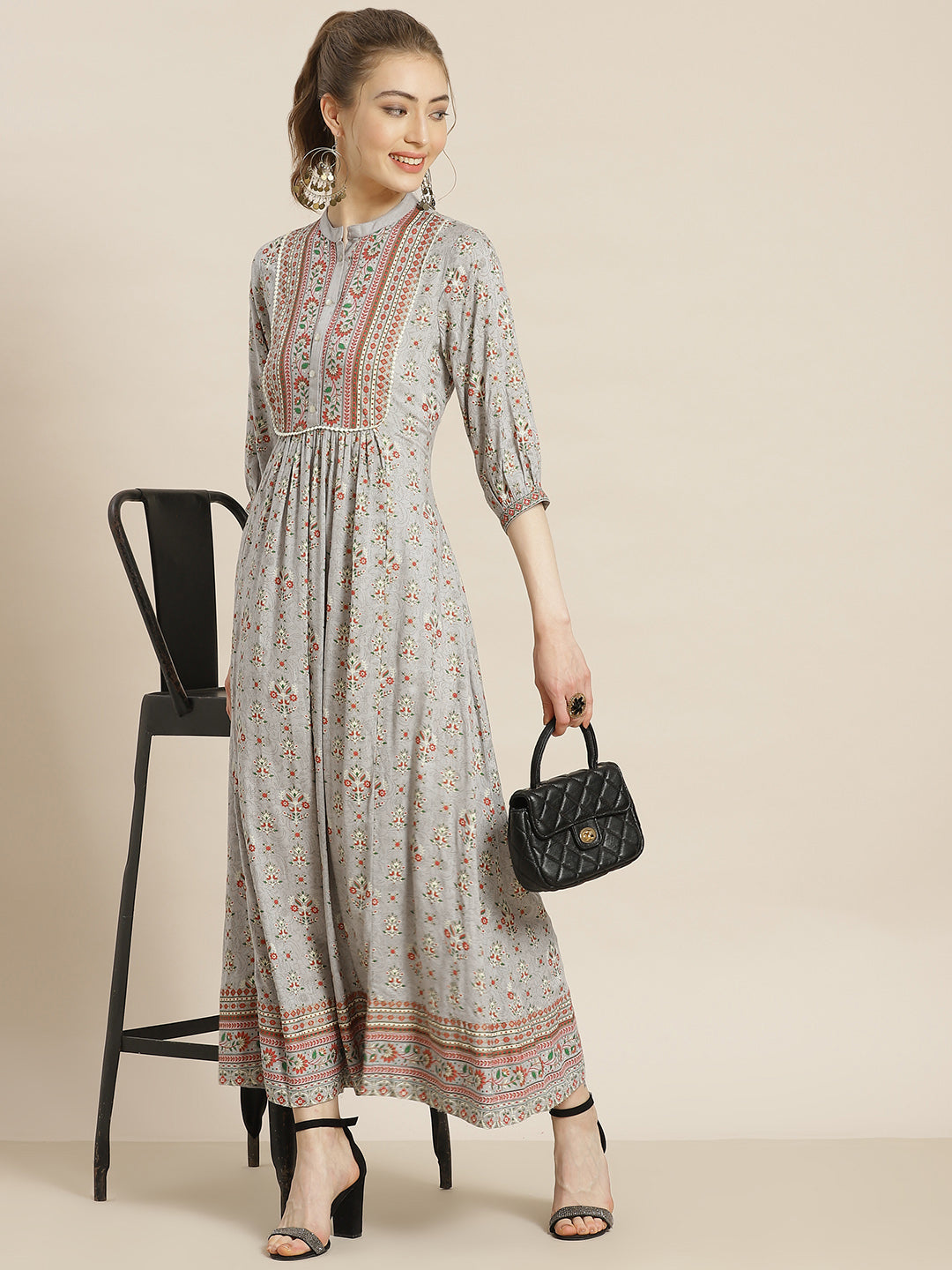 Juniper Womens Grey Rayon Foil Printed Maxi Dress With Puff Sleeves And Button Closure