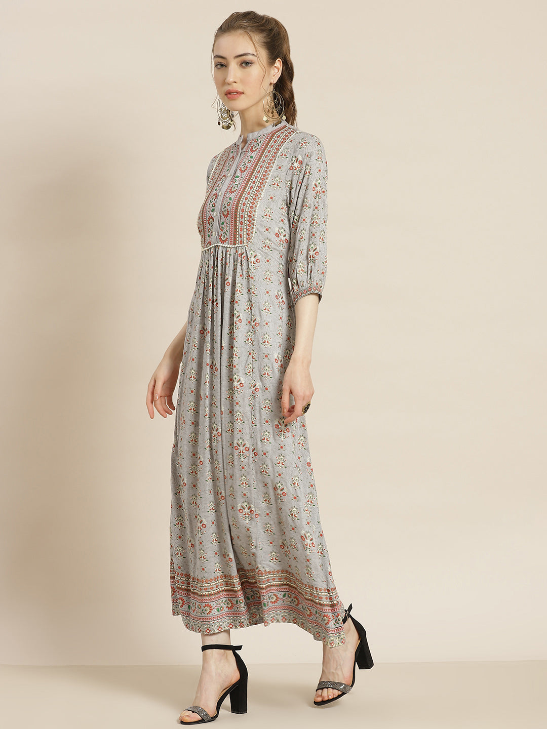 Juniper Womens Grey Rayon Foil Printed Maxi Dress With Puff Sleeves And Button Closure