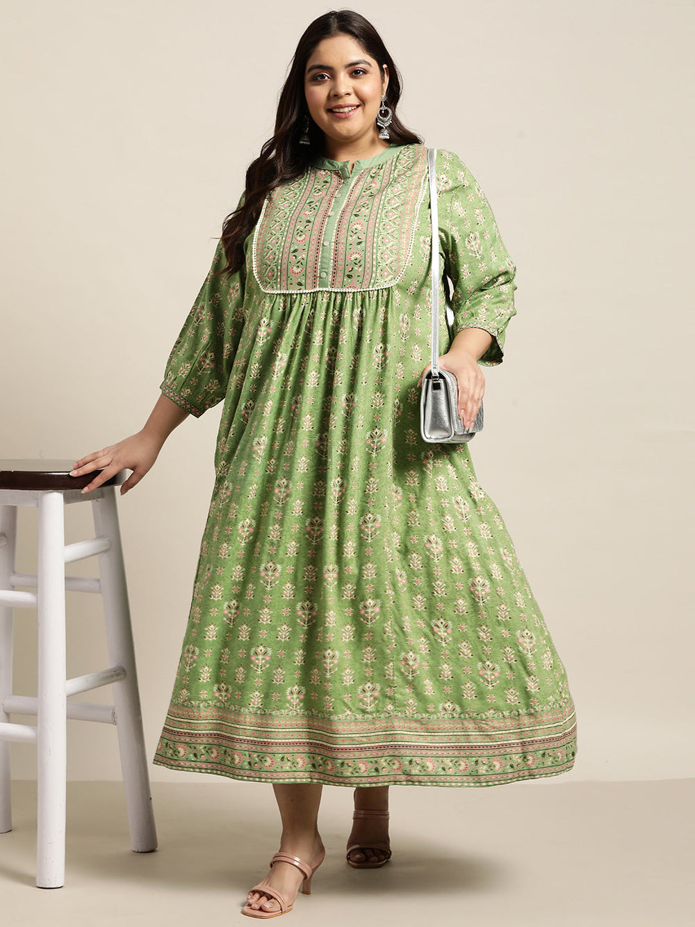 Juniper Women`s Pista Green Rayon Fusion Wear Printed A-line Dress