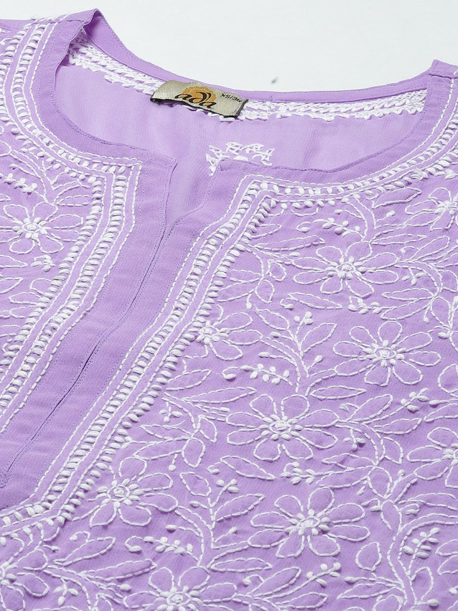 ADA Women Purple & White Ethnic Motifs Embroidered Chikankari Georgette Kurta 