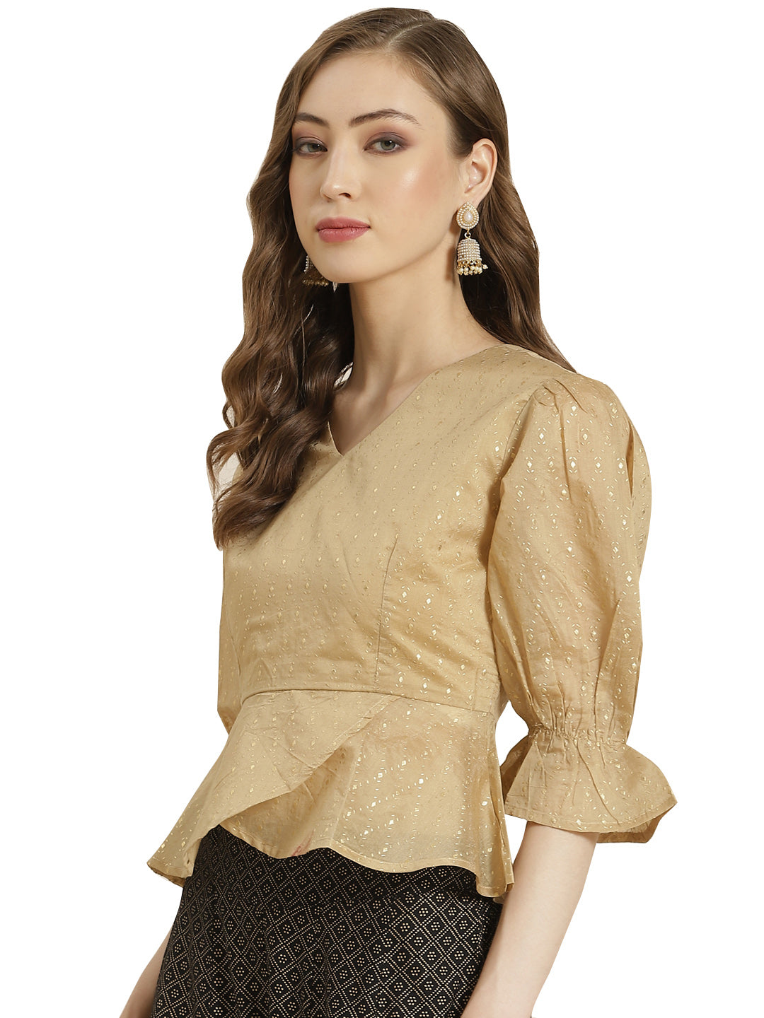 Juniper Women Gold Chanderi Silk Printed Peplum Blouse