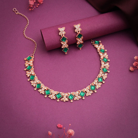 Tehzeeb Creations Rose Gold-Polished Green Choker Necklace With Dangle Earrings