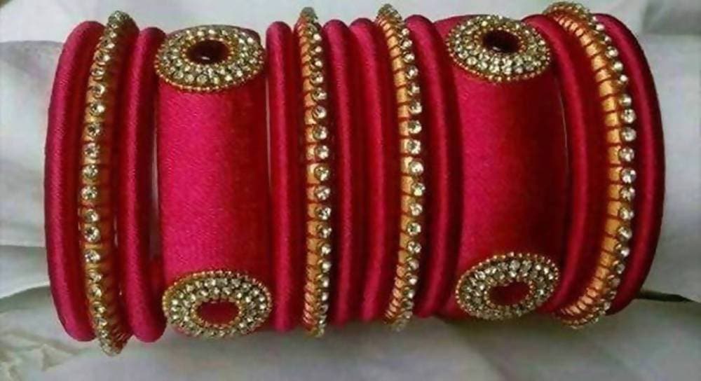 Pure Pink Silk Threaded Designer Stone Bangles Set of 2 