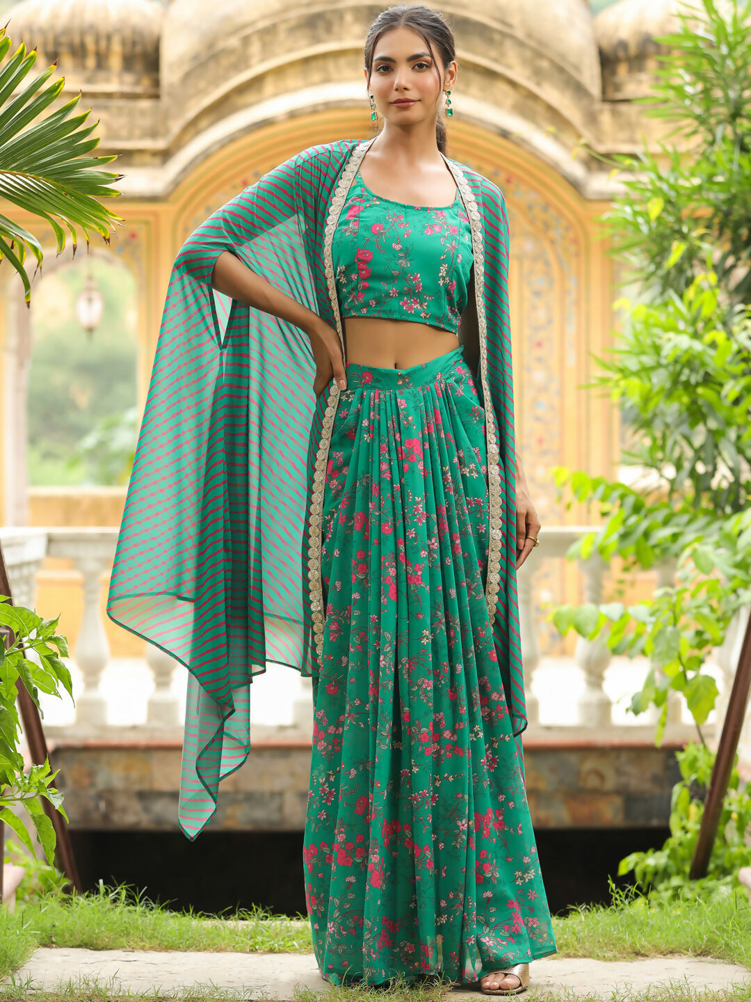 Janasya Green Georgette Floral Top Bottom Cape 