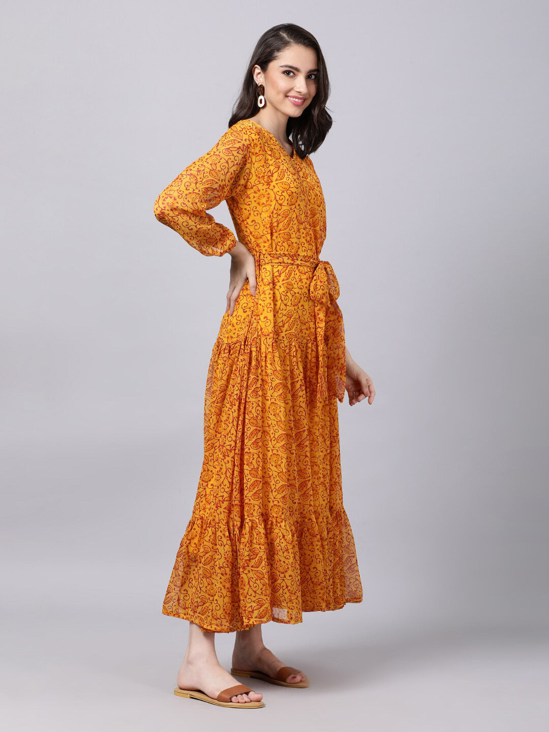 Souchii Yellow Floral Layered Chiffon Maxi Dress 