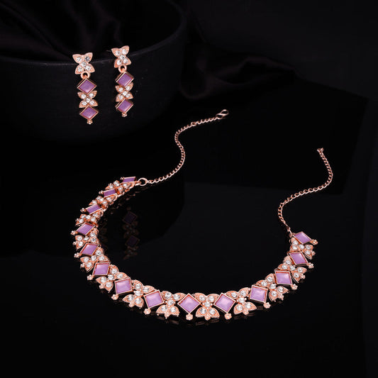 Tehzeeb Creations Rose Gold-Polished Lavender Choker Necklace With Dangle Earrings