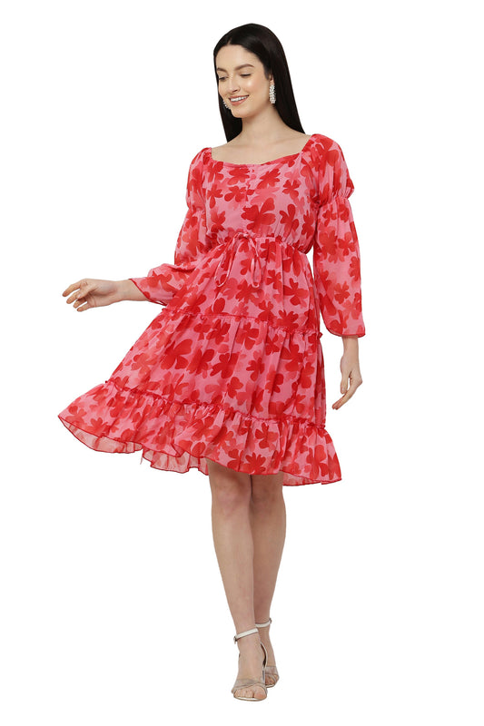 PAVONINE Red Color Flower Notch Midi For Girls