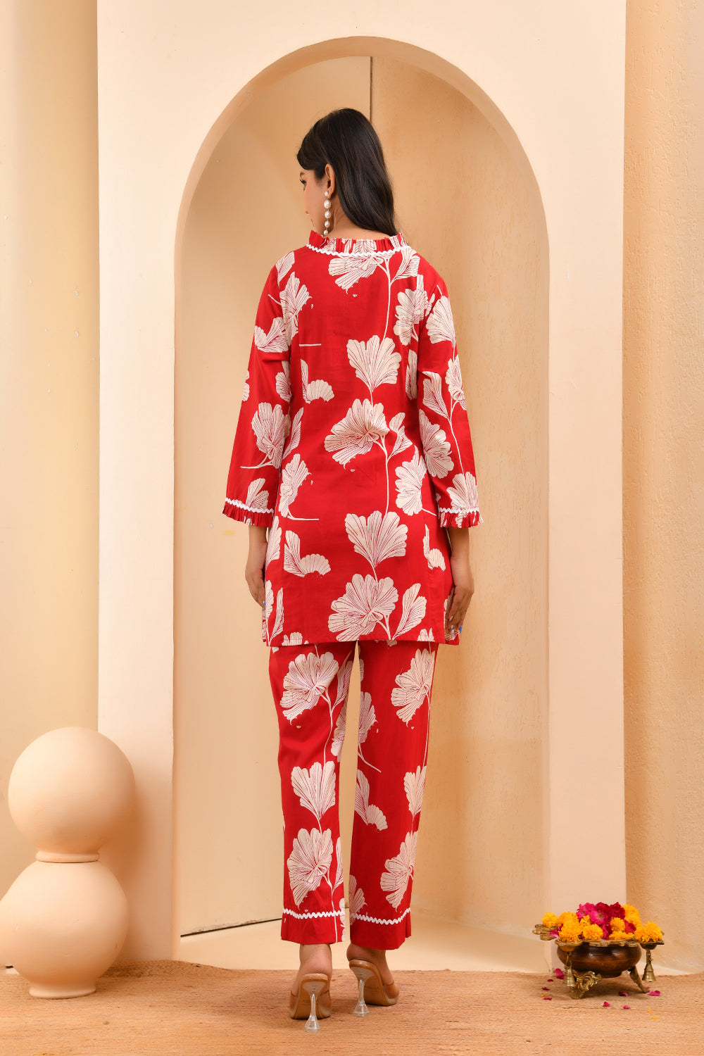Vaasva Women Red Pleated Cotton Printed Cord Set With Lace 