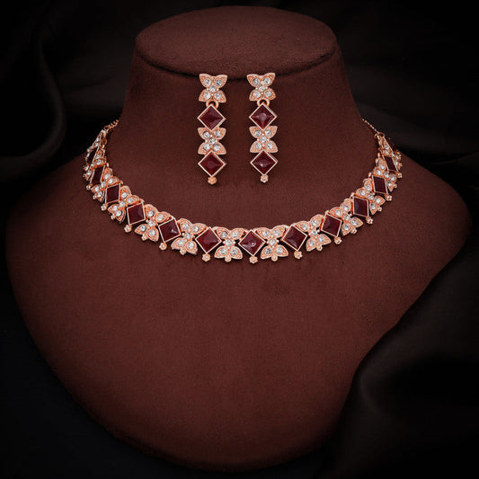 Tehzeeb Creations Rose Gold-Polished Maroon Choker Necklace With Dangle Earrings
