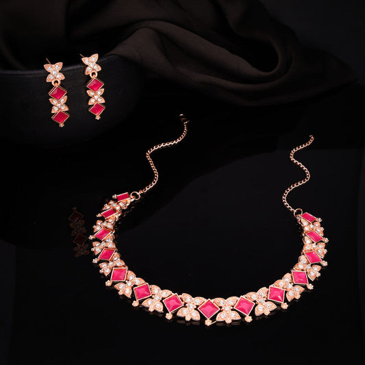 Tehzeeb Creations Rose Gold-Polished Pink Choker Necklace With Dangle Earrings