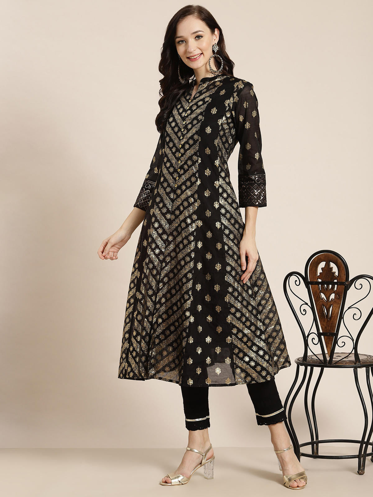 Juniper Women's Juniper Women`s Black Chanderi Silk Printed Anarkali Kurta