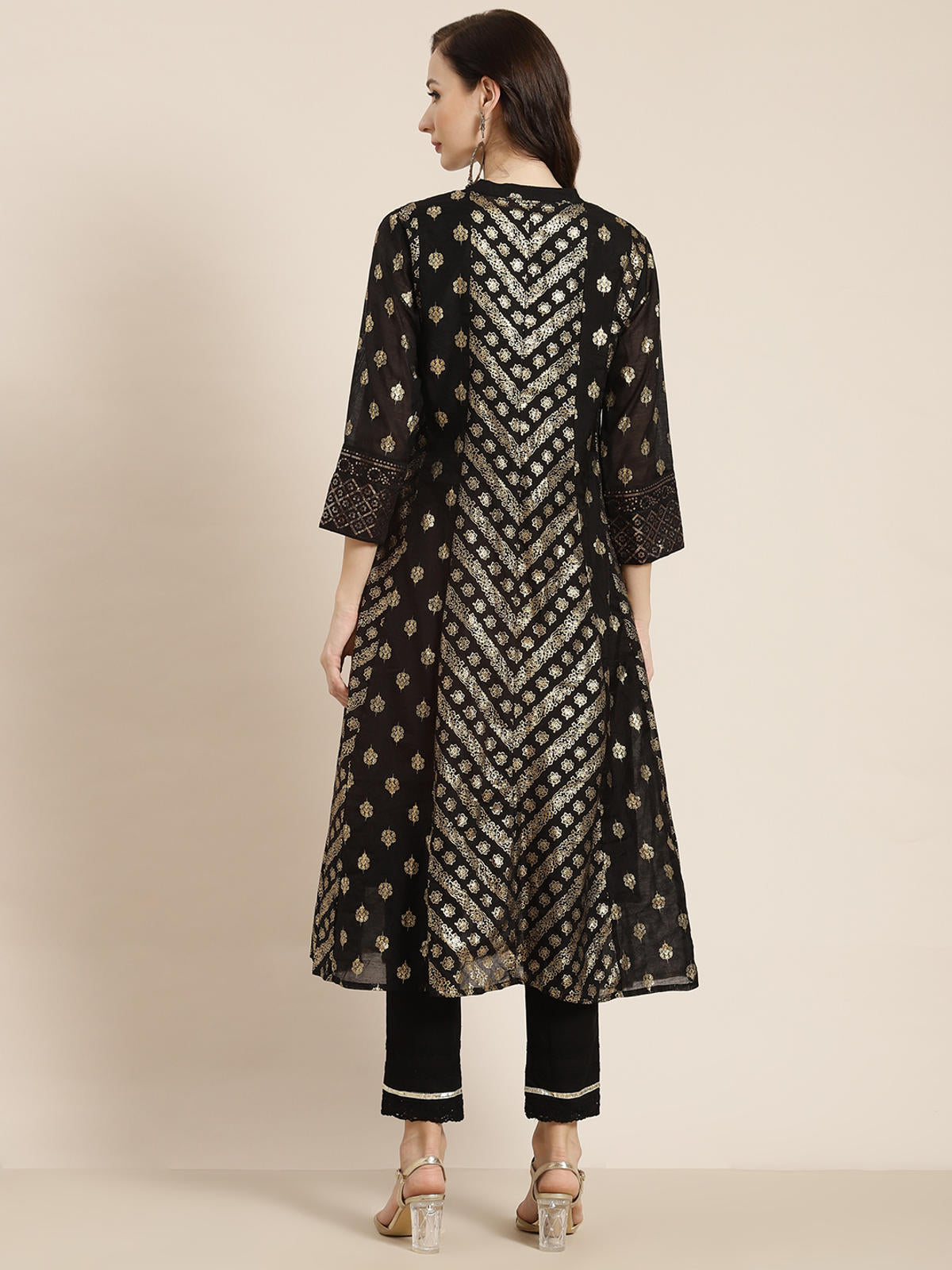 Juniper Women's Juniper Women`s Black Chanderi Silk Printed Anarkali Kurta