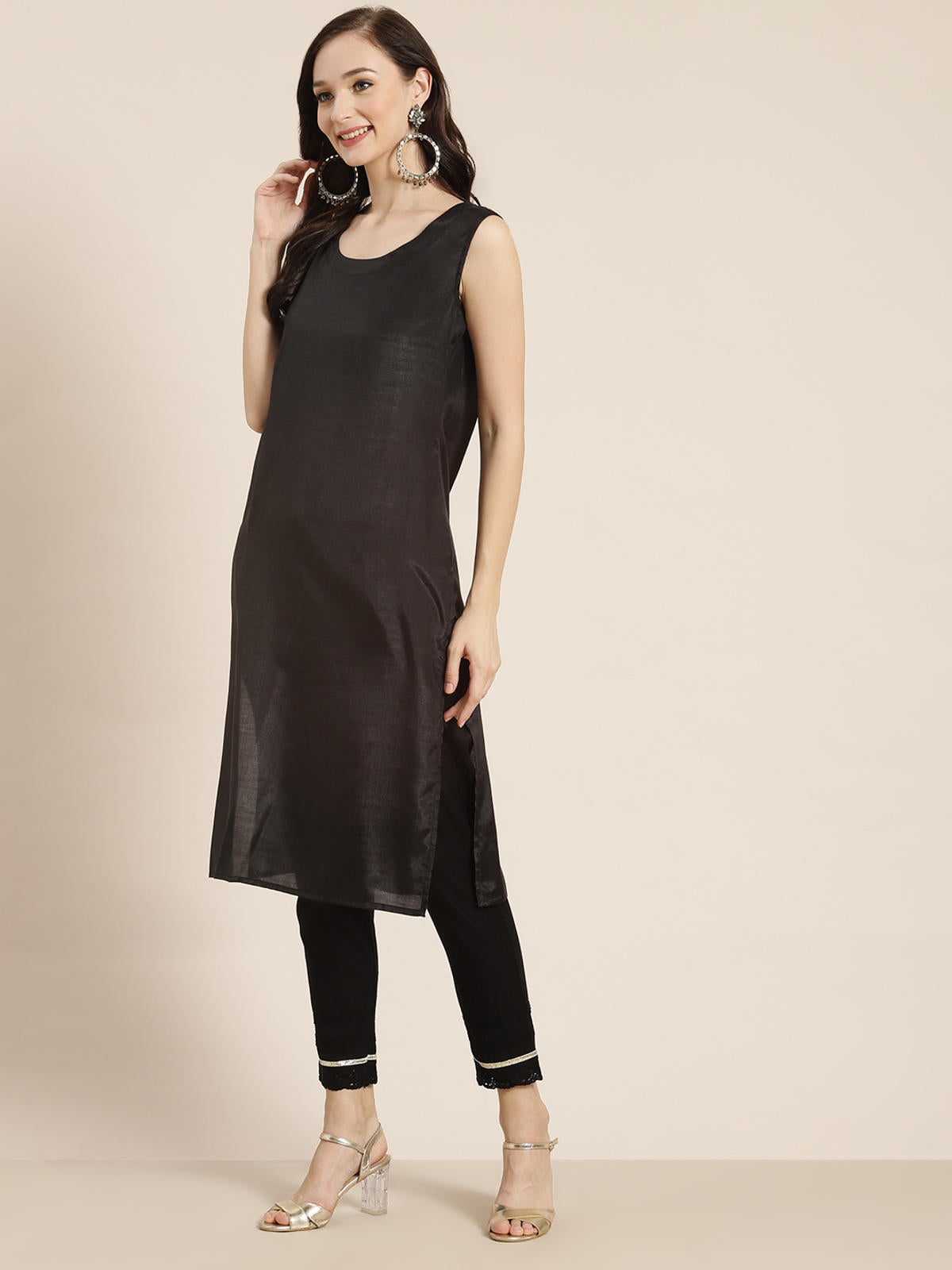 Juniper Women's Juniper Women`s Black Chanderi Silk Printed Anarkali Kurta