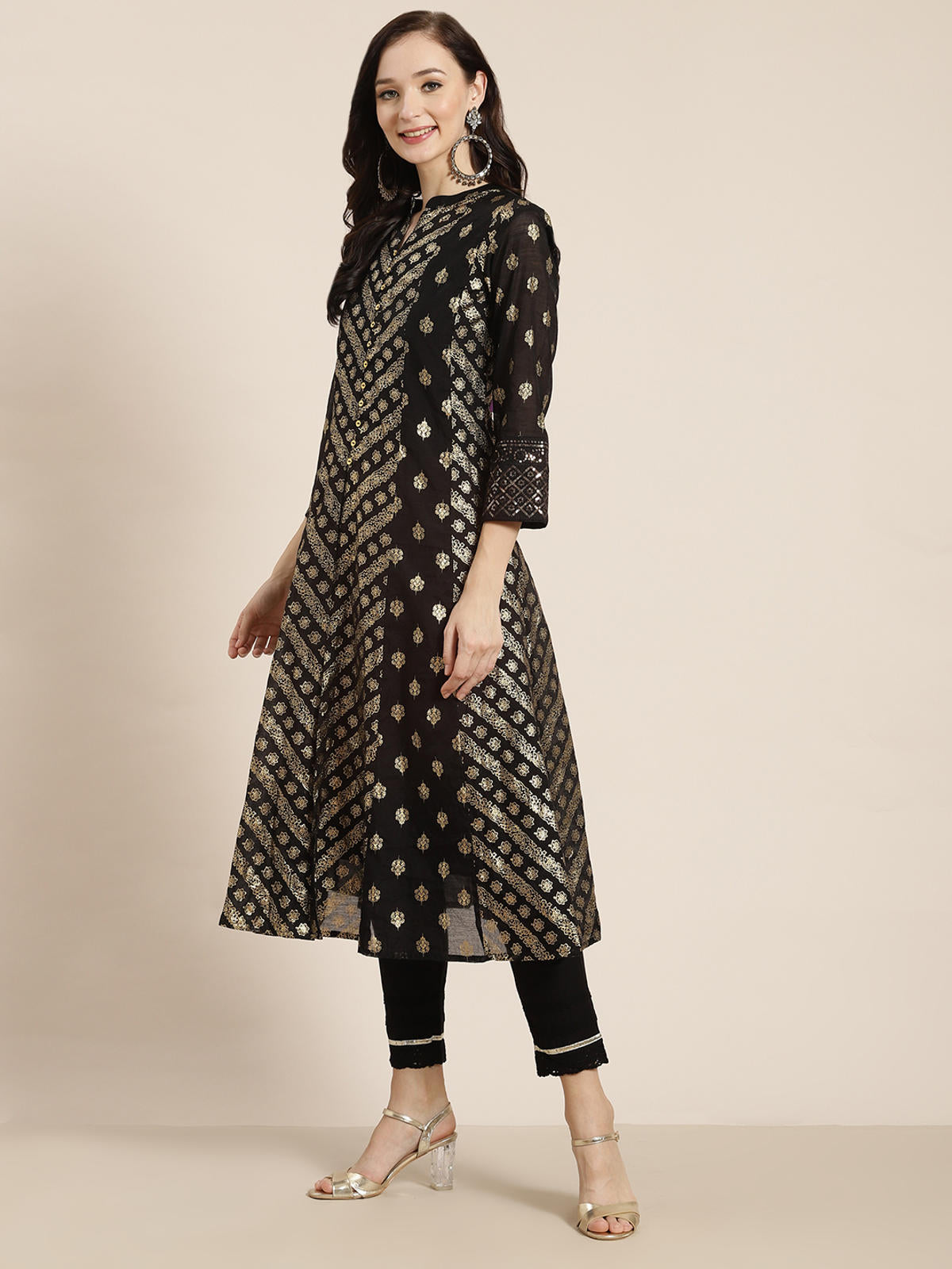 Juniper Women's Juniper Women`s Black Chanderi Silk Printed Anarkali Kurta