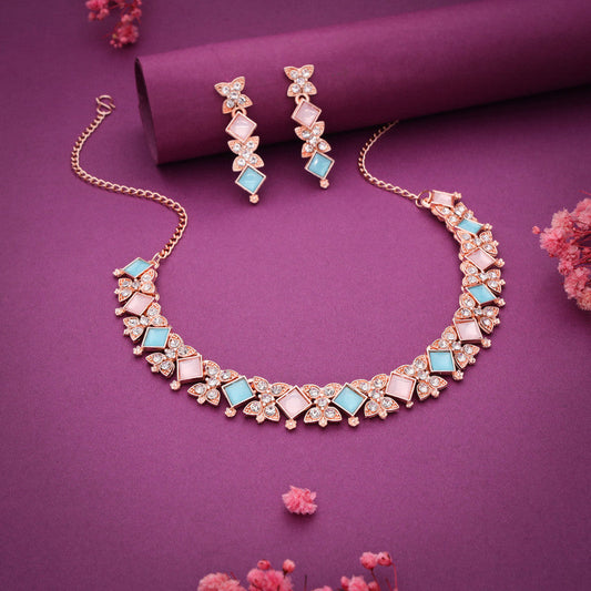 Tehzeeb Creations Rose Gold-Polished Sky & Baby Pink Choker Necklace With Dangle Earrings