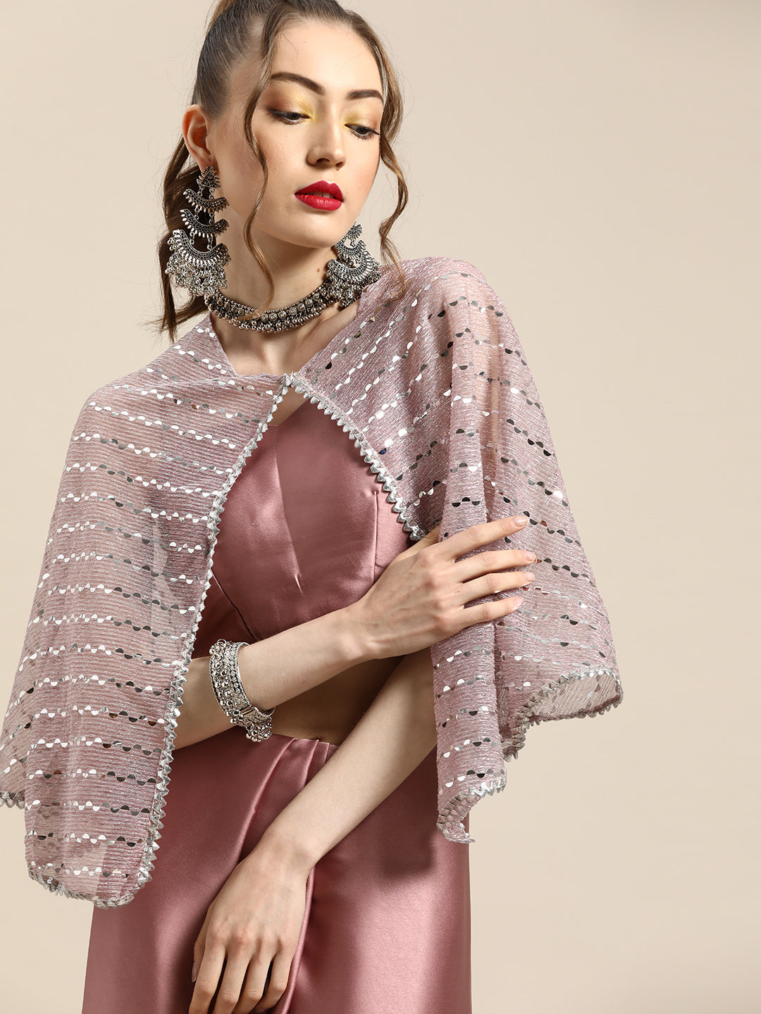 Tikhi Imli Trendy Mauve Sleek Poly Crepe Grab2Buy with Embellished Border & Cape 
