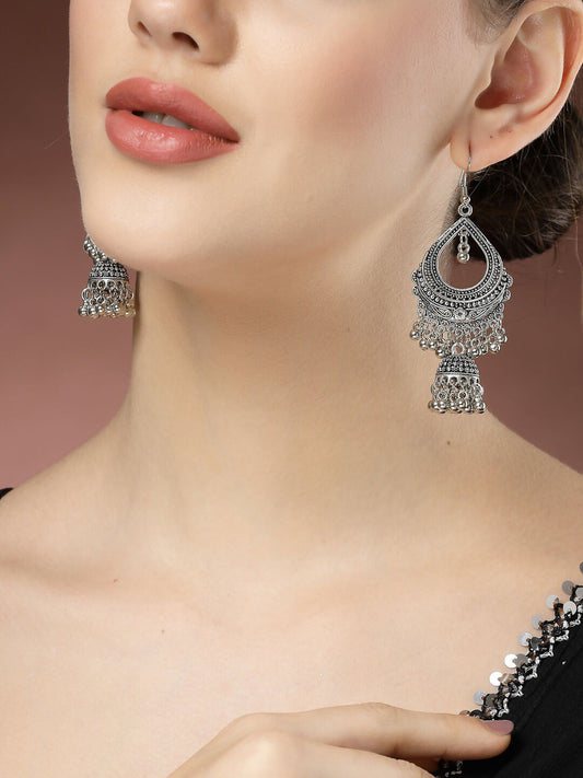 NVR Women's Silver-Plated German Silver Oxidized Jhumka Earrings 