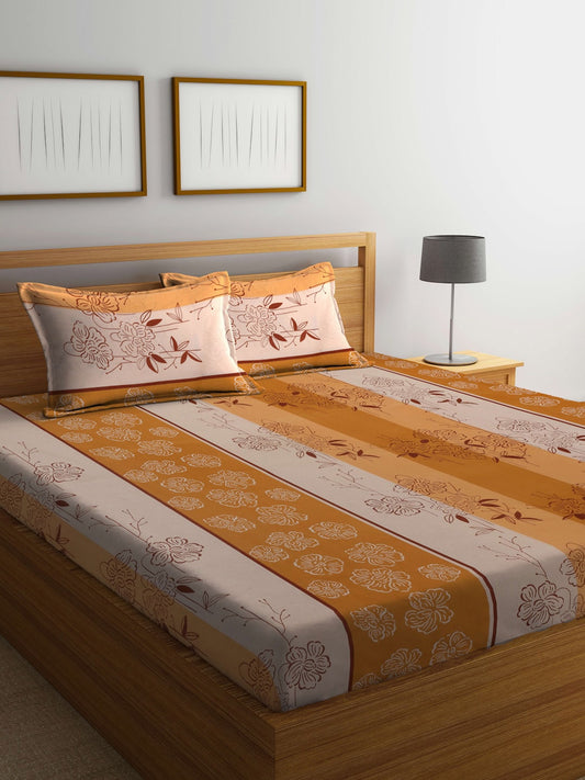 BOMBAY DYEING Beige & Yellow Printed Cotton 104 TC King Bedsheet With 2 Pillow Covers | Grab2Buy