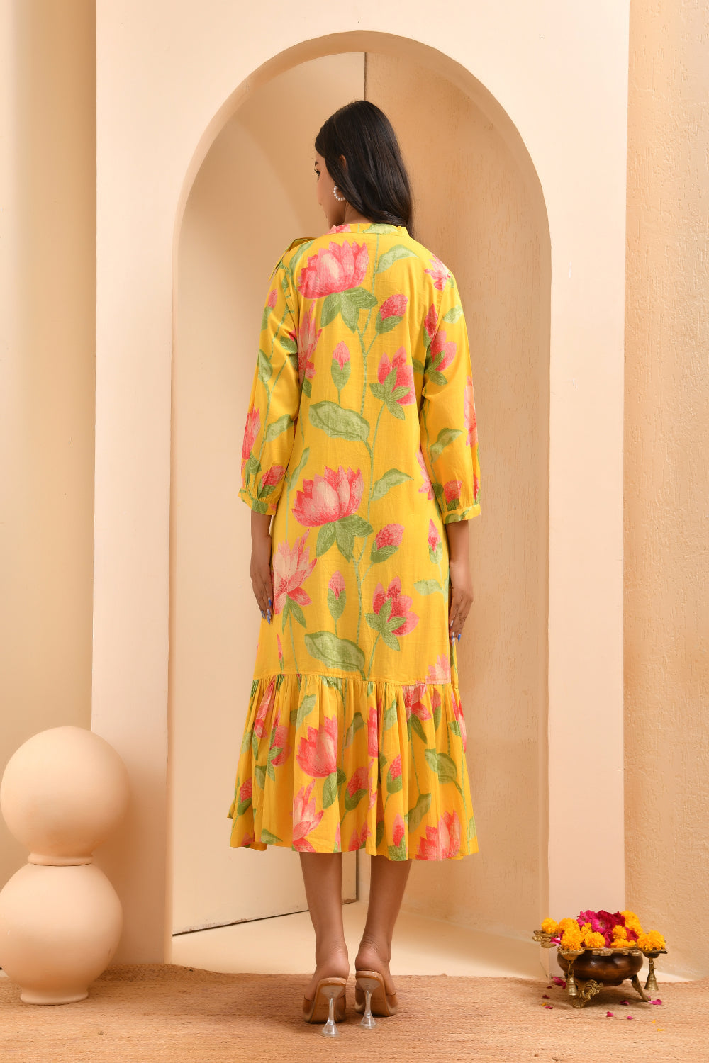 Vaasva Women Floral Printed Lemon Dress 