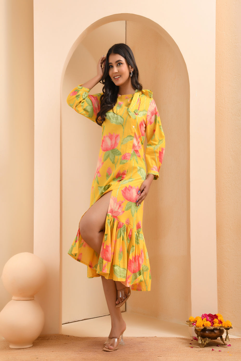 Vaasva Women Floral Printed Lemon Dress 