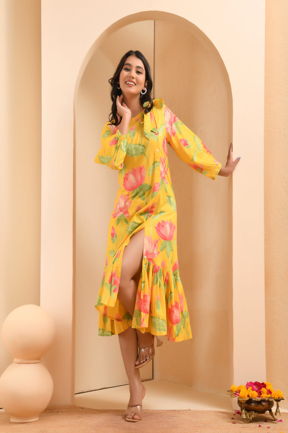 Vaasva Women Floral Printed Lemon Dress 