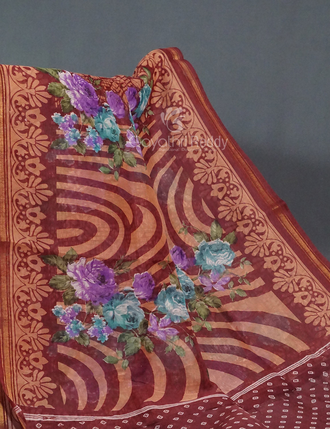 Shades of Maroon Colour Floral Design Semi Chanderi Grab2Buy By Gayathri Reddy Designer Studio 
