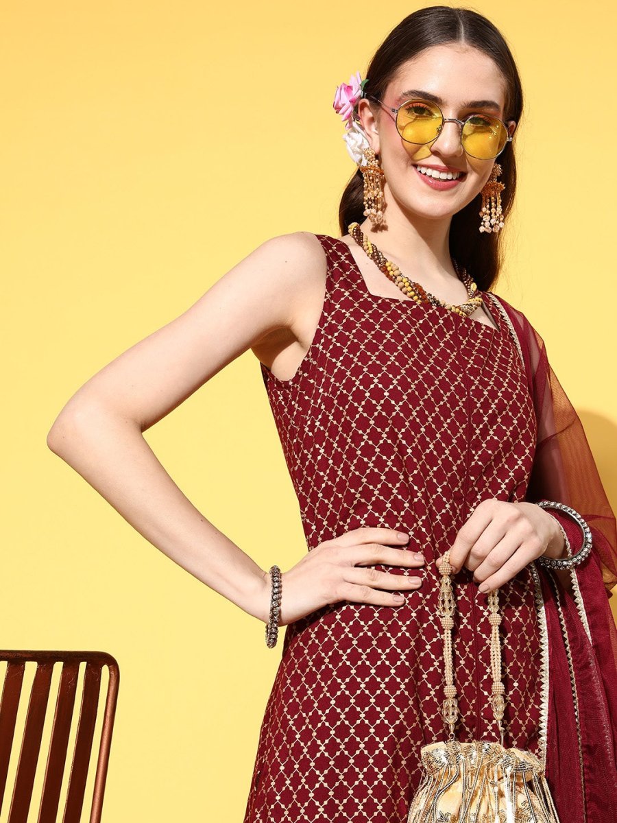 All About You Women Maroon Ethnic Motifs Printed Kurti with Fusion Bottoms & With Dupatta