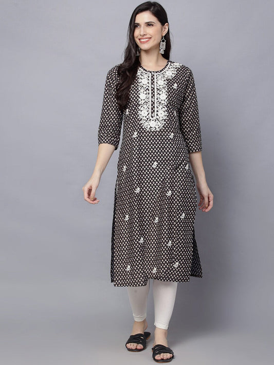 HERE&NOW Women Geometric Yoke Design Thread Work Kurta