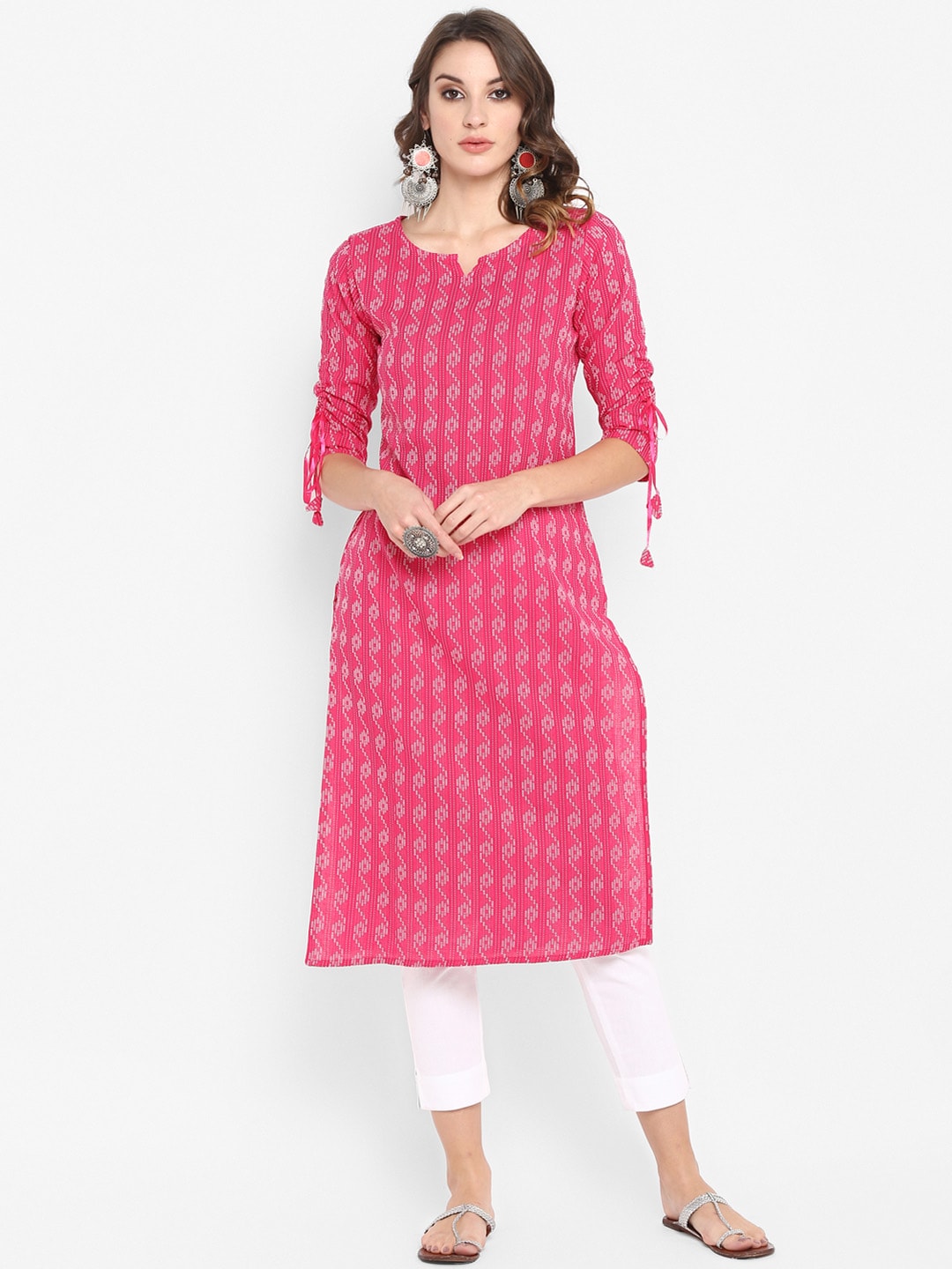 Janasya Women Pink & White Printed Straight Kurta