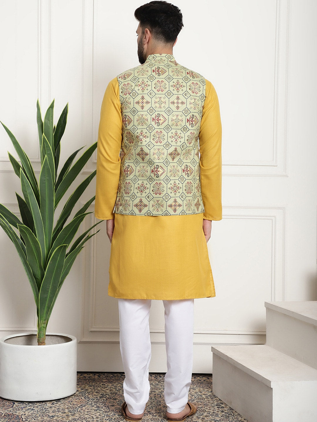 Sojanya Men Mustard Yellow Pure Cotton Kurta with Churidar & Nehru Jacket 