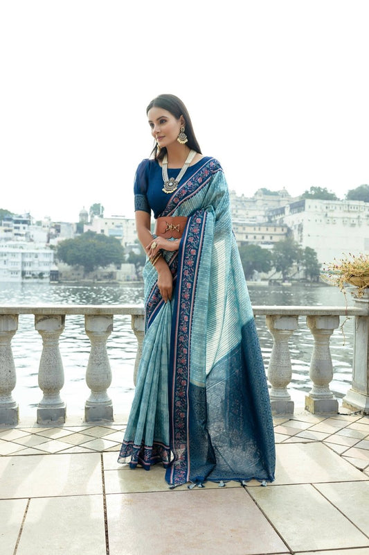 Aastha Fashion Blue Floral Printed Cotton Silk Saree with Blouse - Grab2buy
