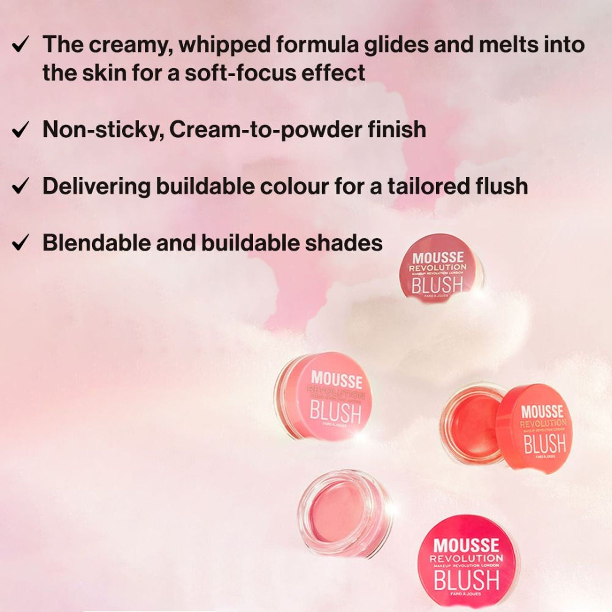 Makeup Revolution Mousse Blush - For Cheeks & Eyes Non Sticky-Soft Focus Effect - Blossom Rose Pink