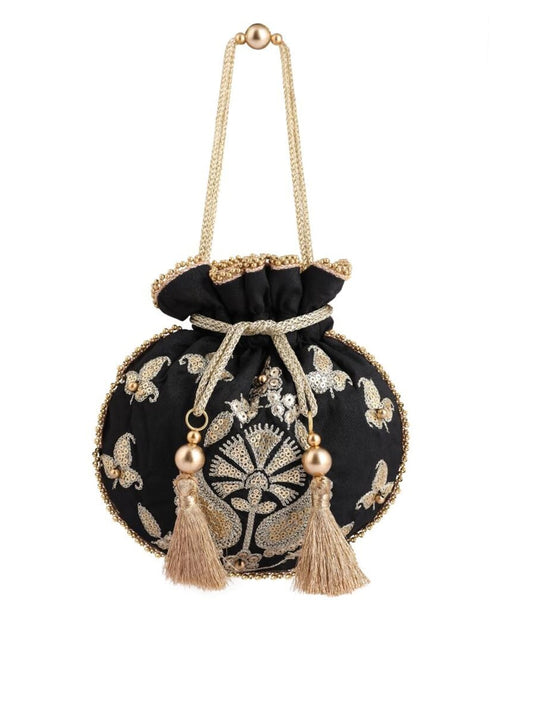 Masq Black & Gold-Toned Embellished Embroidered Potli Clutch - Grab2buy
