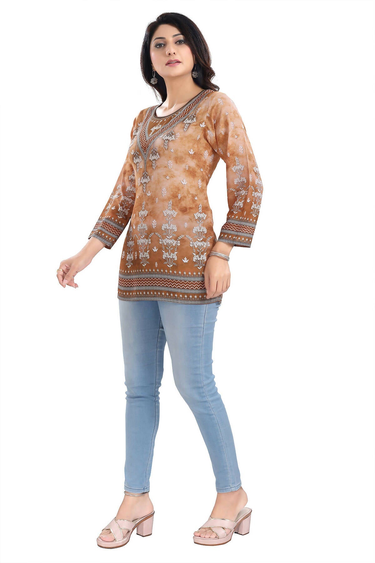 Snehal Creations Rustic Brown Faux Crepe Printed Short Kurti Tunic Top