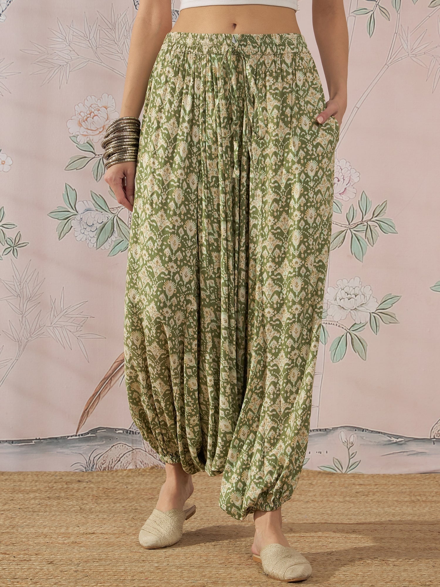 InWeave Apple Green Ikkat Print Harem Pant 