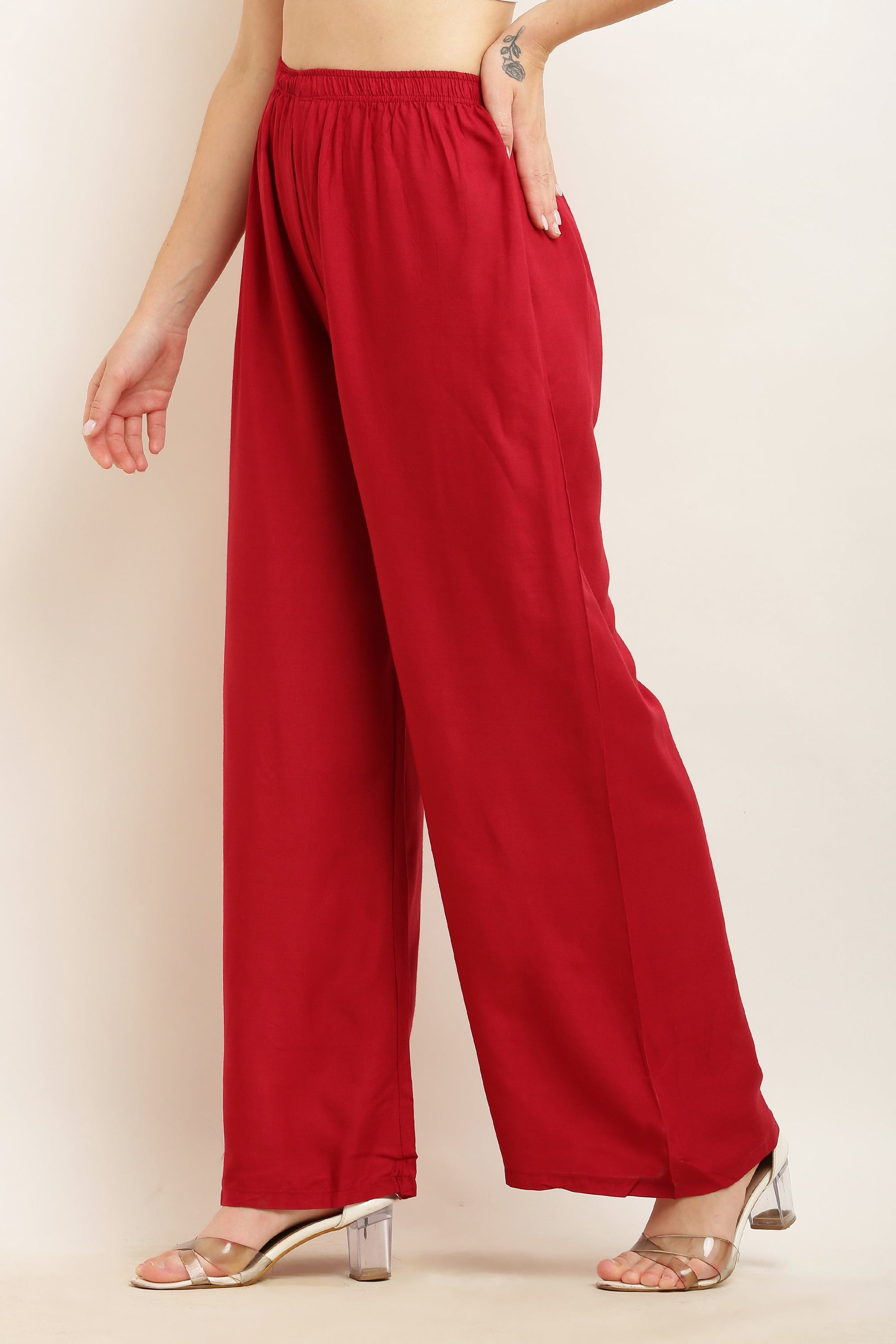 PAVONINE Maroon Color Straight Fit Rayon Fabric Palazzo